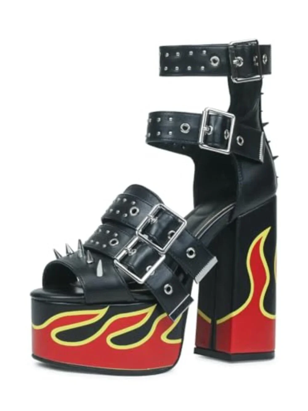 Red Flames Printed Straps Open-toed Rivets Ankle Sandals Platforms
